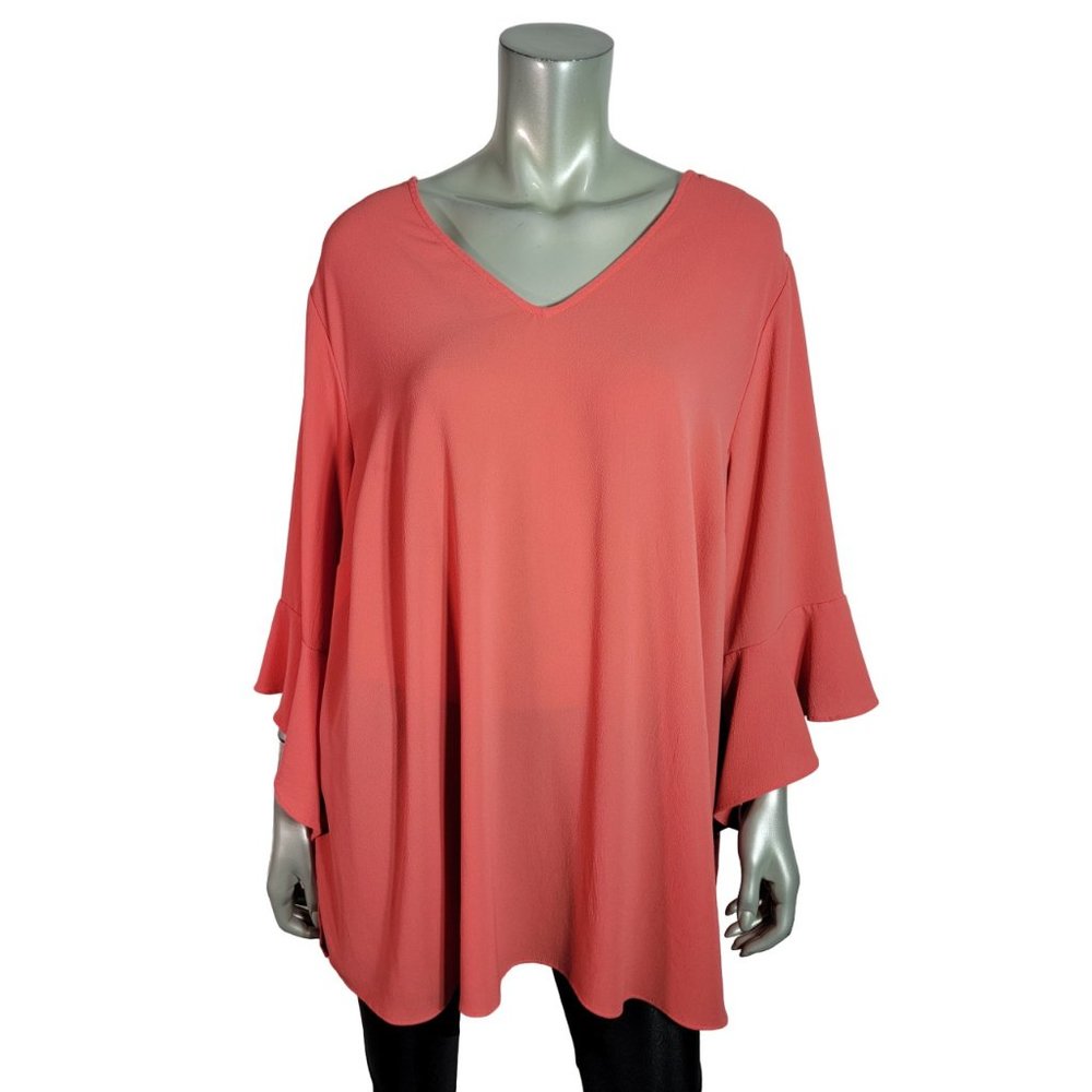 Catherines Top Plus Size 2X 22/24W Bell Sleeve Open Back Long Sleeve Coral Pink‎
